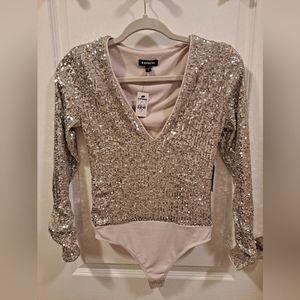 Express NWT Silver Sequin Deep V-Neck Thong Bodysuit Size XS Holidays Party